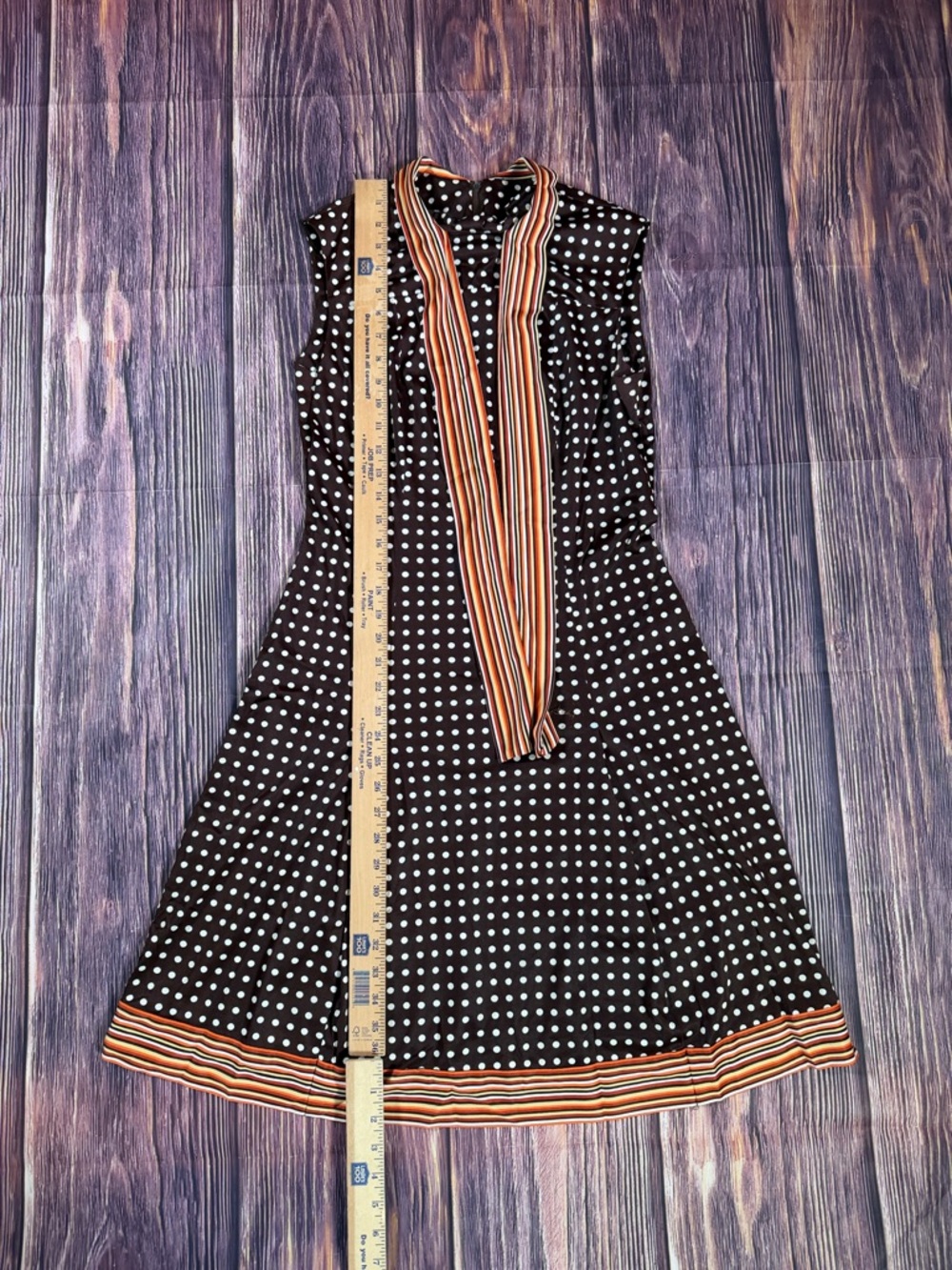 Women’s Vintage 60s Brown & Cream Polk Dot A-Line Mod Shift Dress w/ Scarf M - Picture 10 of 10